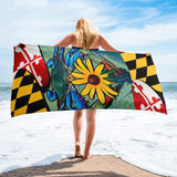 Maryland Blue Crab Black-Eyed Susan Towel by Joe Barsin, V2, vertical 30x60"