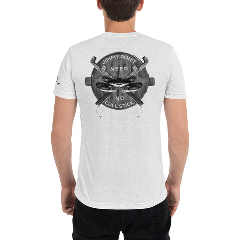 Here's Jimmy!, "Jimmy Don't Need No Cullstick" in gray on basket lid, Short sleeve t-shirt