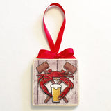 Coastal Red Crab Feast Crest, Wooden 3x3" Holiday Ornament with Satin Ribbon