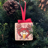 Coastal Red Crab Feast Crest, Wooden 3x3" Holiday Ornament with Satin Ribbon