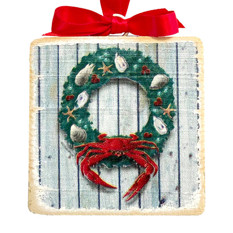 Coastal Holiday Crab Wreath, Wooden 3x3" Holiday Ornament with Satin Ribbon