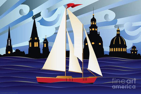 Annapolis Skyline Red Sail Boat - Art Print