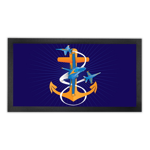 Anchors Aweigh Blue Angels Fouled Anchor, Bar Runner Mat, Rubber Base, 18 x 10"