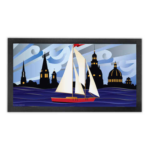 Annapolis Red Sailboat, Bar Runner Mat, Rubber Base, 18 x 10”