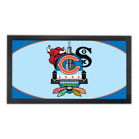 Chicago Sports Fan Crest II, Bar Runner Mat, Rubber Base, 18 x 10”