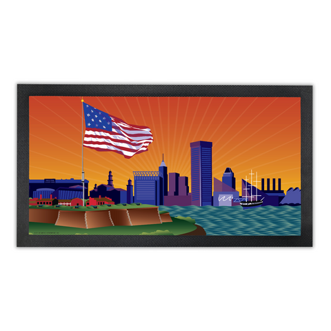 Baltimore Star-Spangled Skyline, Bar Runner Mat, Rubber Base, 18 x 10”