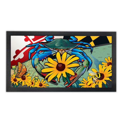 Maryland Blue Crab Black-Eyed Susan, Bar Runner Mat, Rubber Base, 18 x 10”