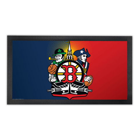 Boston Sports Fan Crest, Bar Runner Mat, Rubber Base, 18 x 10”