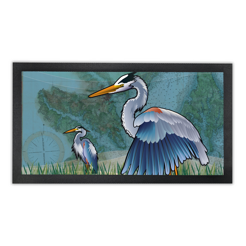 Coastal Blue Heron of the Chesapeake, Bar Runner Mat, Rubber Base, 18 x 10”