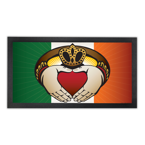 Irish Claddagh Crest, Bar Runner Mat, Rubber Base, 18 x 10”