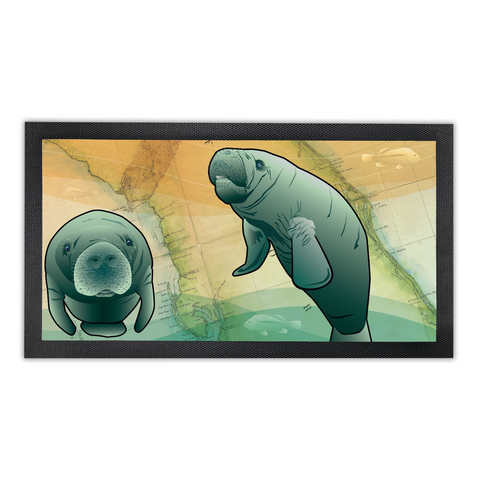 Coastal Florida Manatee, Bar Runner Mat, Rubber Base, 18 x 10”