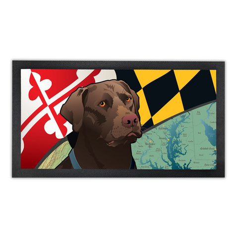 Maryland Chocolate Lab, Bar Runner Mat, Rubber Base, 18 x 10”