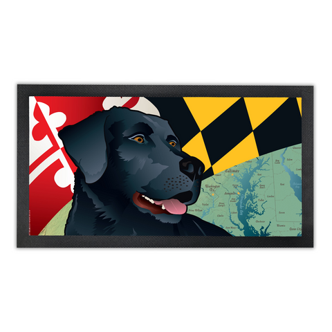 Maryland Black Lab, Bar Runner Mat, Rubber Base, 18 x 10”