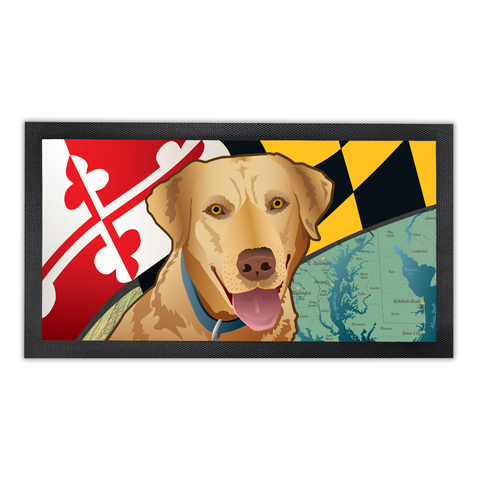 Maryland Yellow Lab, Bar Runner Mat, Rubber Base, 18 x 10”