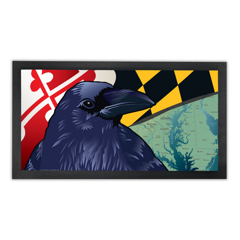 Baltimore Raven, Bar Runner Mat, Rubber Base, 18 x 10”