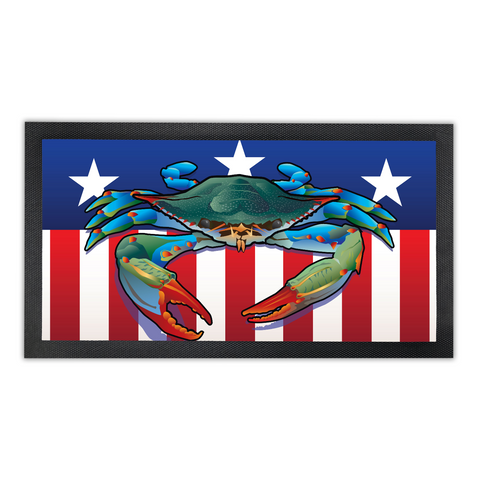 USA Blue Crab, Bar Runner Mat, Rubber Base, 18 x 10”