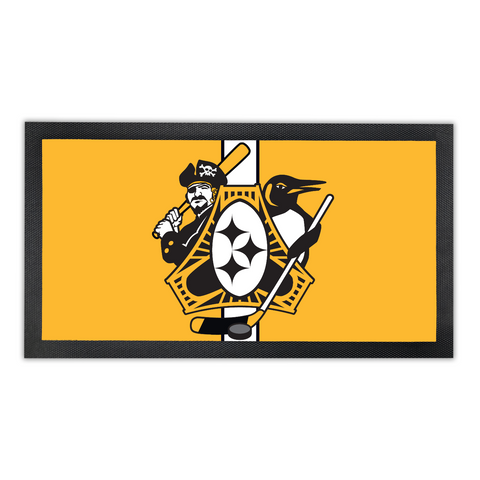 Pittsburgh Three Rivers Roar Sports Fan Crest, Bar Runner Mat, Rubber Base, 18 x 10”