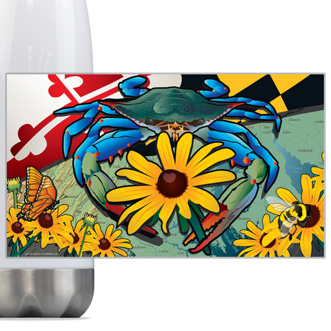 Maryland Blue Crab Black-Eyed Susan, Steel Slim Neck Bottle 18oz