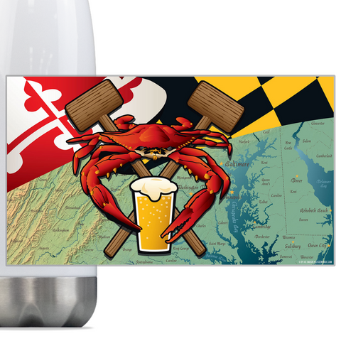 Maryland Crab Feast Crest, Steel Slim Neck Bottle 18oz