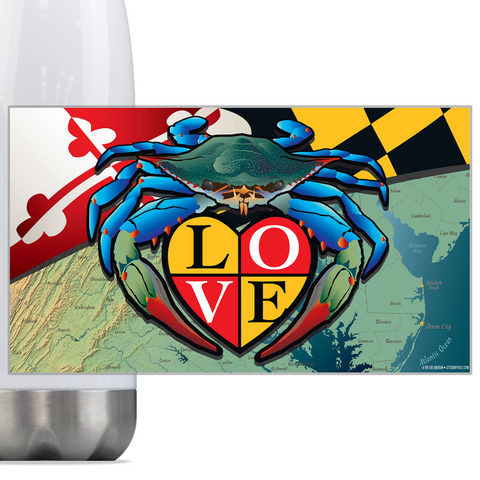 Maryland Blue Crab "Love" Crest, Steel Slim Neck Bottle 18oz