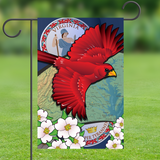 Virginia Cardinal in Flight with Dogwood Flowers, Garden Flag, 12x18