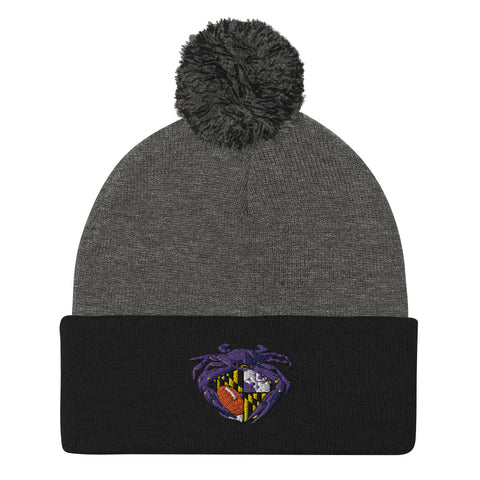 Raven Crab Football Maryland Crest, Embroidered Beanie Pom-Pom