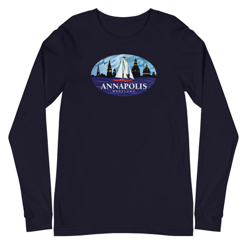 Annapolis Red Sailboat Oval, Unisex Long Sleeve Tee