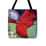 Virginia Cardinal In Flight With Dogwood Flowers - Tote Bag